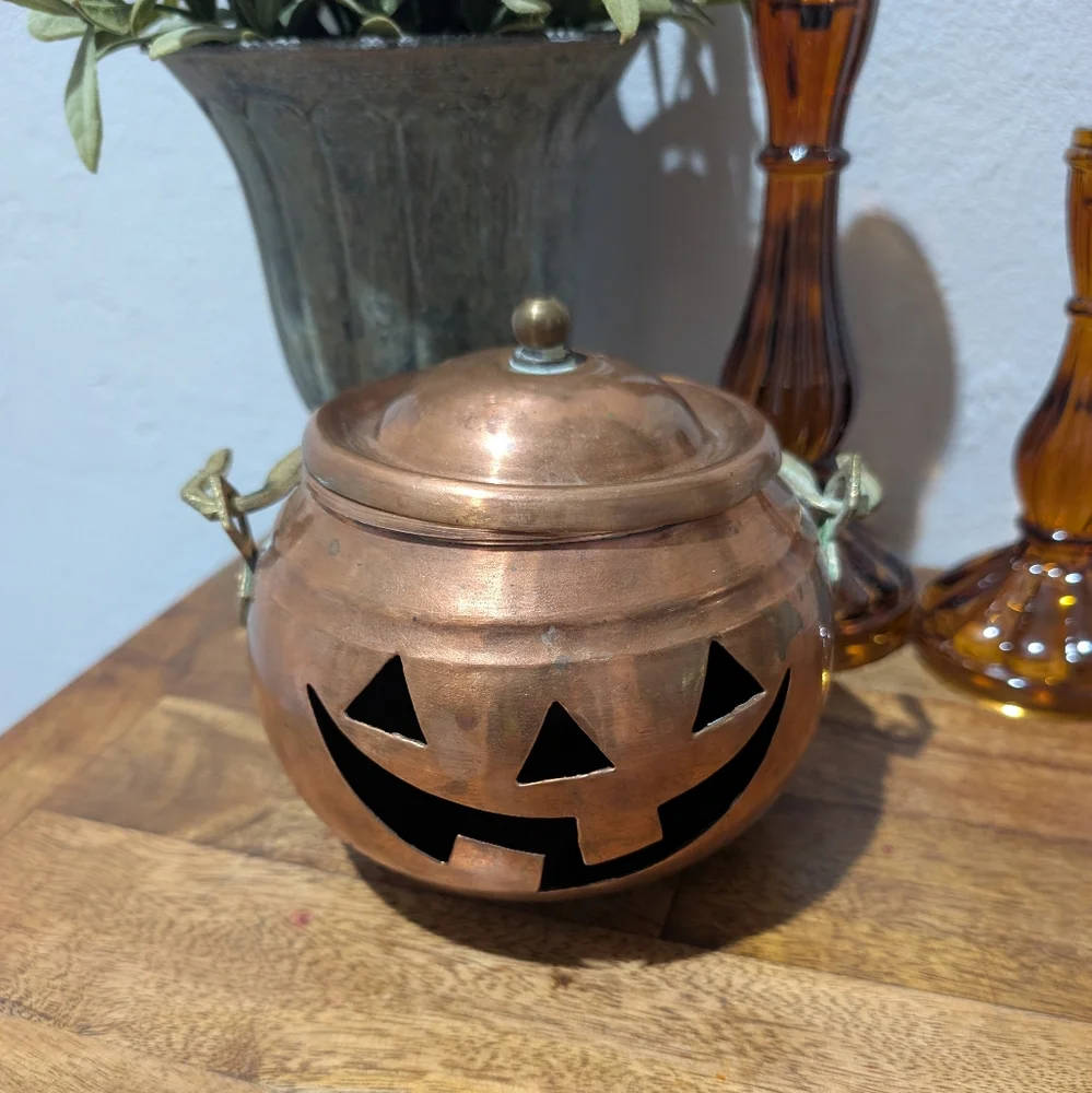 Vtg.  Copper Halloween Jack O Lantern Pumpkin Hanging Candle Holder Face Cutouts
